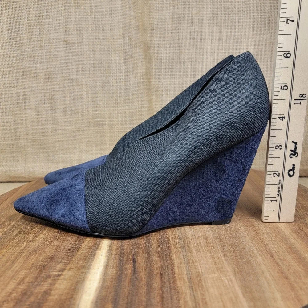 Nine West Wedge Heels Black Blue Suede Pointed Toe Womens 7.5 Slip On Dress Shoe